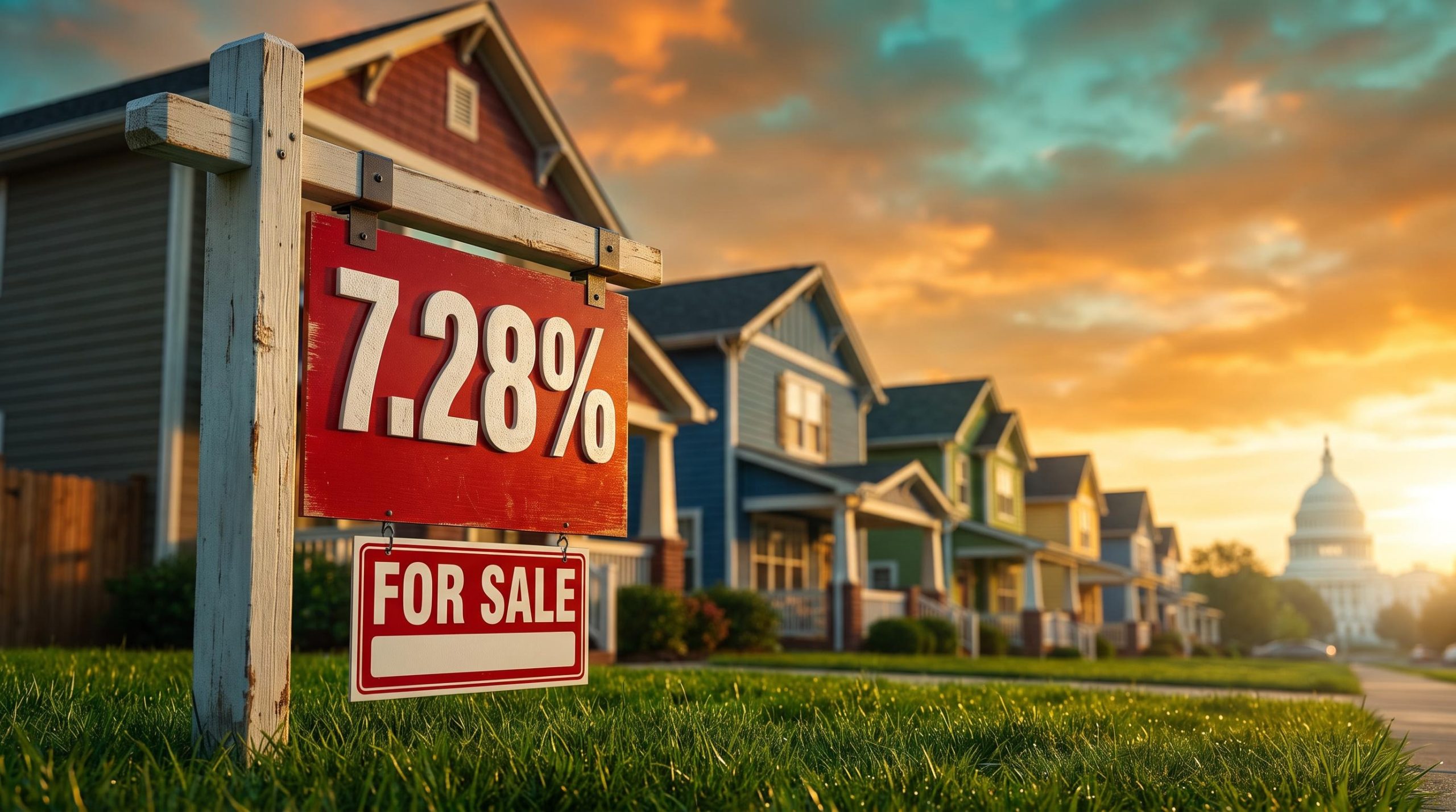 For sale sign showing 7.28% with US Capitol behind, illustrating why mortgage rates are so high