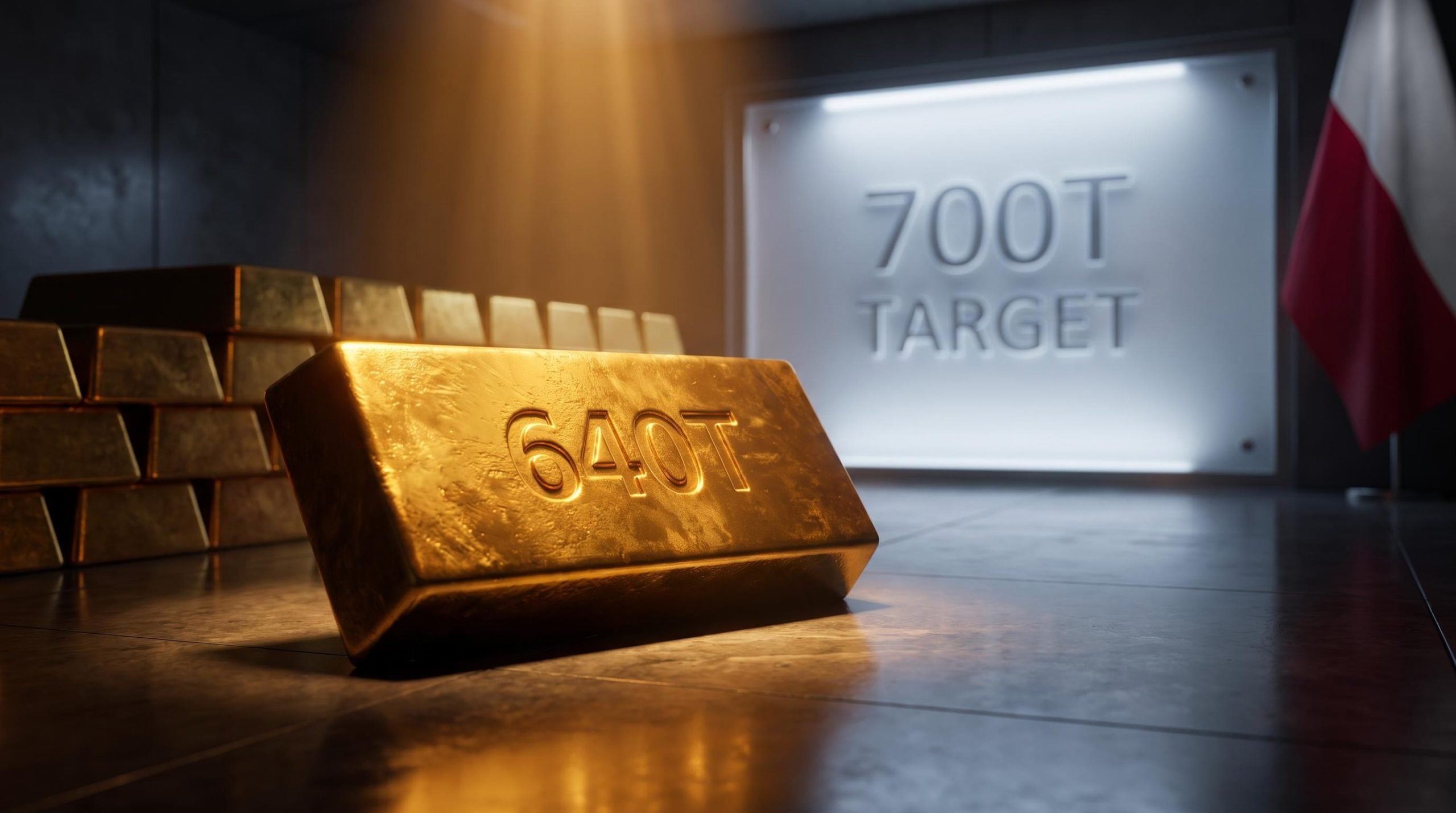 Gold bar stamped 640T inside a sovereign vault, illustrating why central banks buy gold toward a 700-tonne target