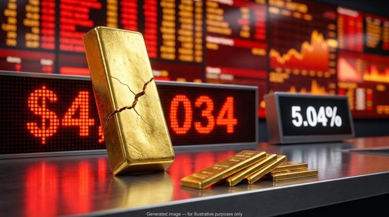 Cracked gold bar before a red "$4,034" display shows why gold fell to a ten-week low despite falling Treasury yields