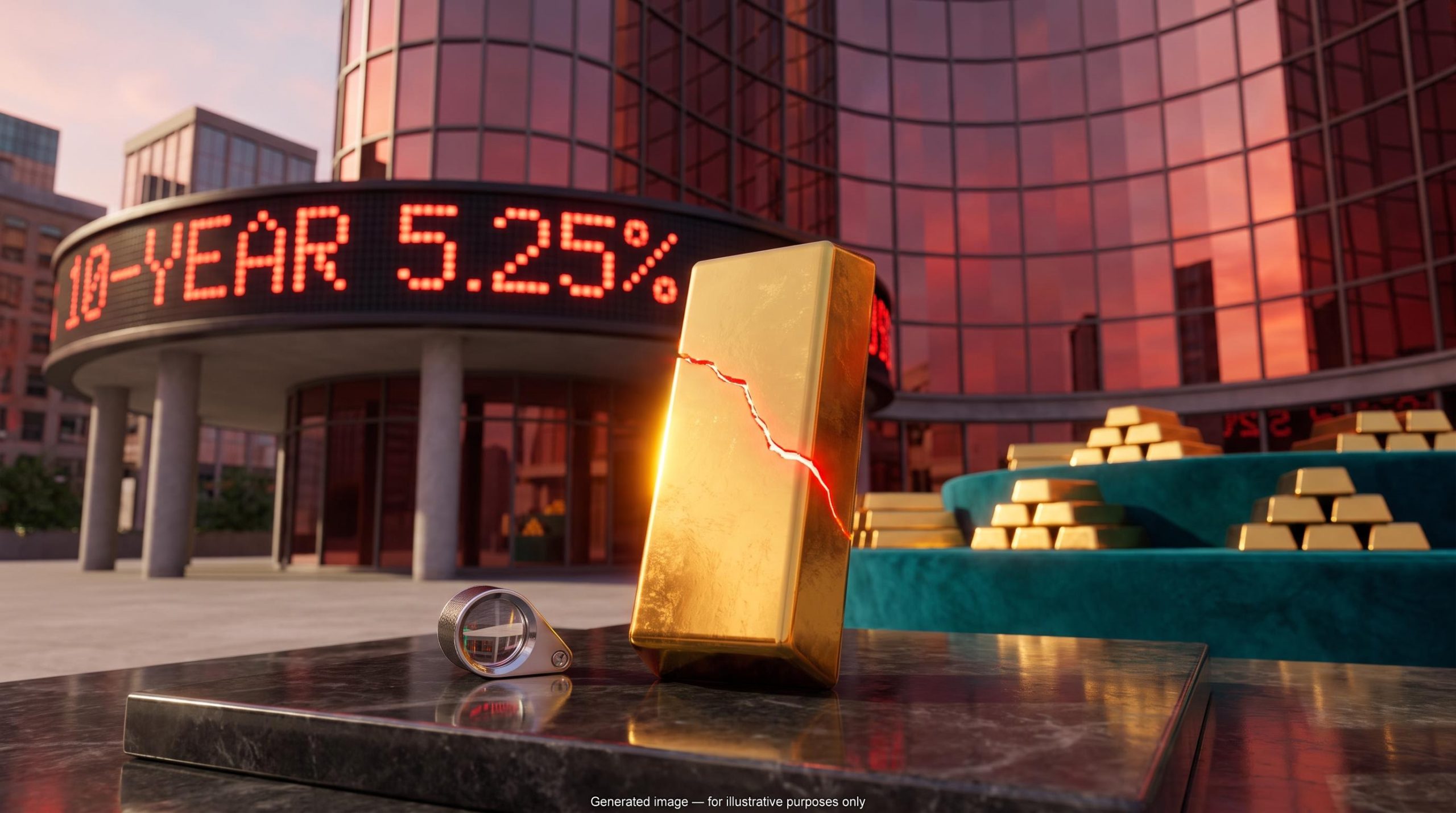 Gold bar cracked with red light beside a 10-year yield ticker showing 5.25%, illustrating why gold fell
