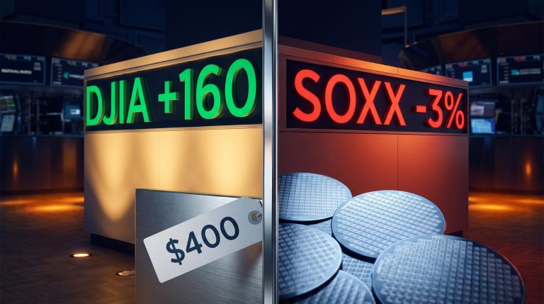 DJIA +160 ticker split against SOXX -3% board showing why the Dow is up while chip stocks fall