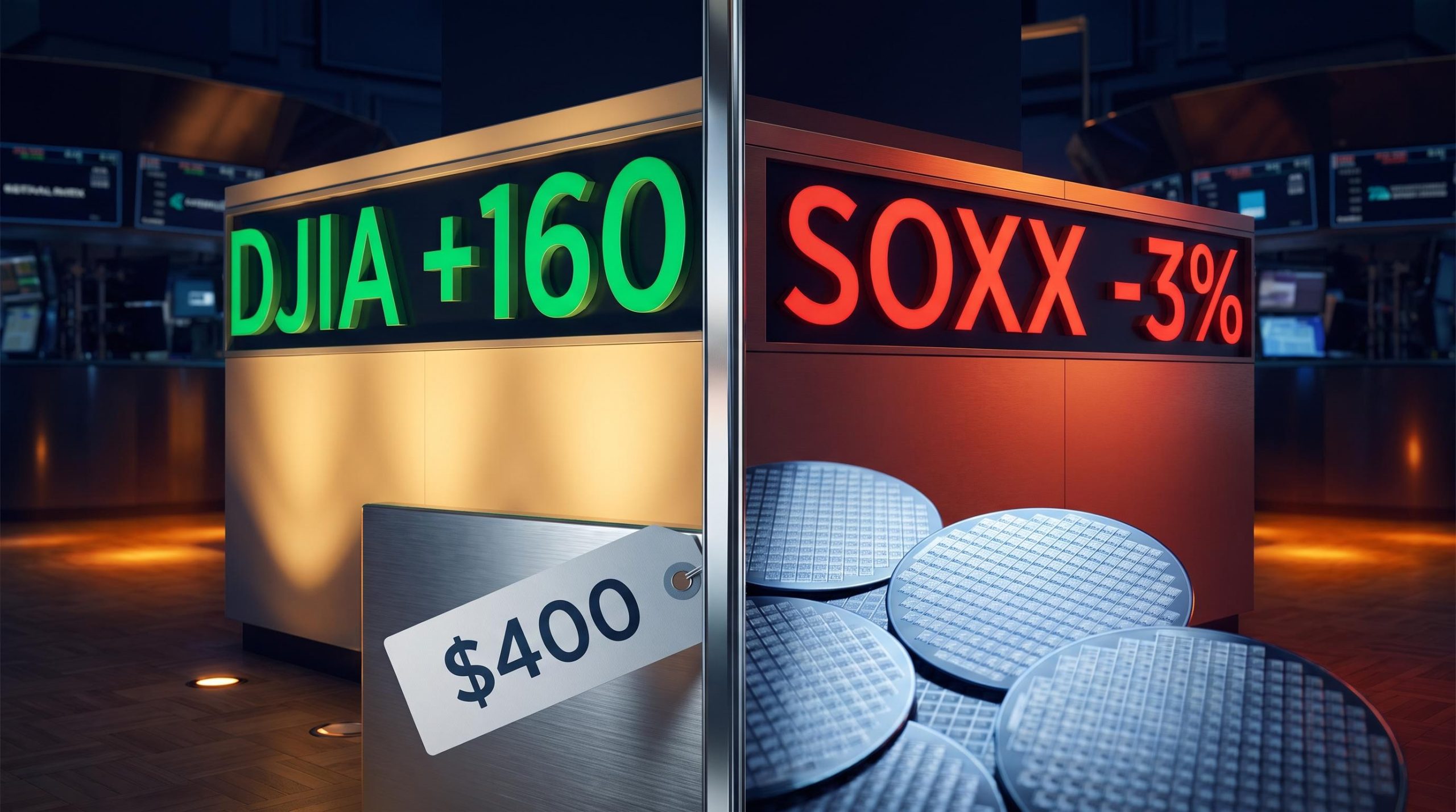 DJIA +160 ticker split against SOXX -3% board showing why the Dow is up while chip stocks fall