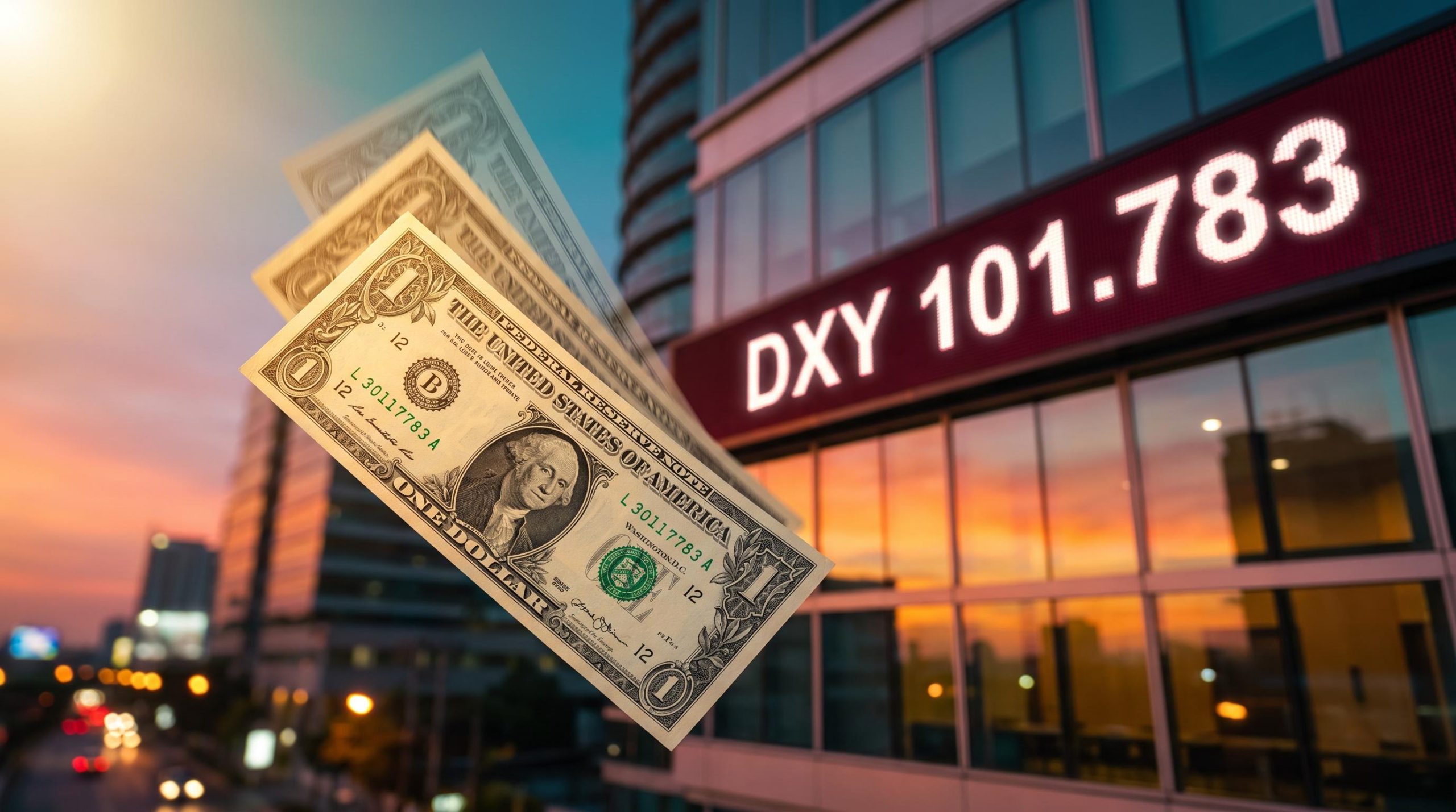 US dollar banknote falling past a Bangkok skyscraper ticker showing DXY 101.783, illustrating why the US dollar is falling