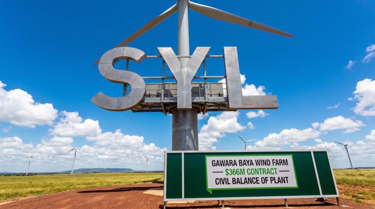 Wind farm sign and turbines