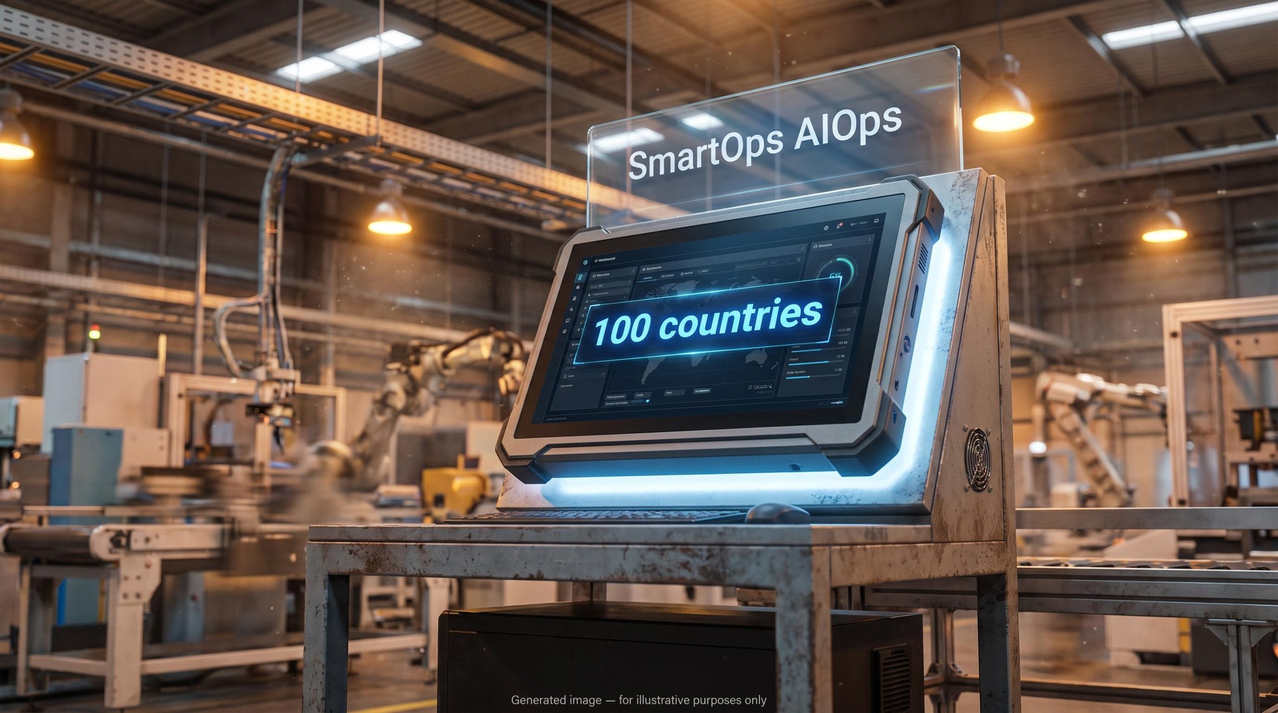 Wipro ABB AI digital workplace contract — industrial PC terminal with SmartOps AIOps dashboard across 100 countries