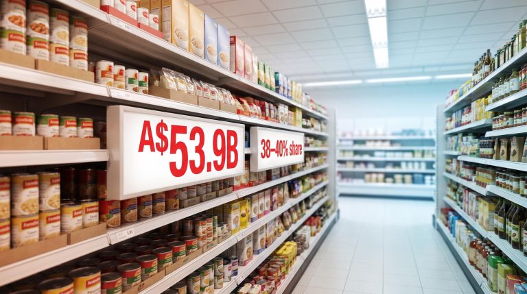 Woolworths supermarket aisle with A$53.9B sales figure on shelf ticket amid competitor pricing pressure analysis