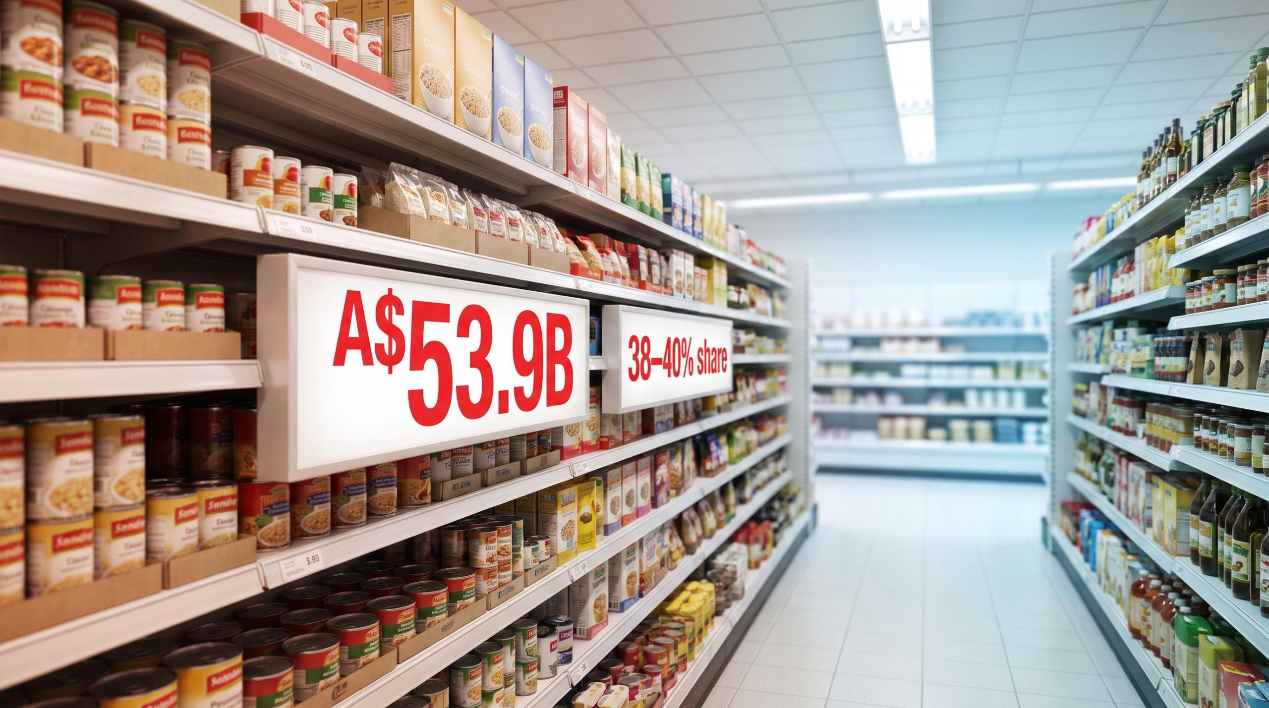 Woolworths supermarket aisle with A$53.9B sales figure on shelf ticket amid competitor pricing pressure analysis