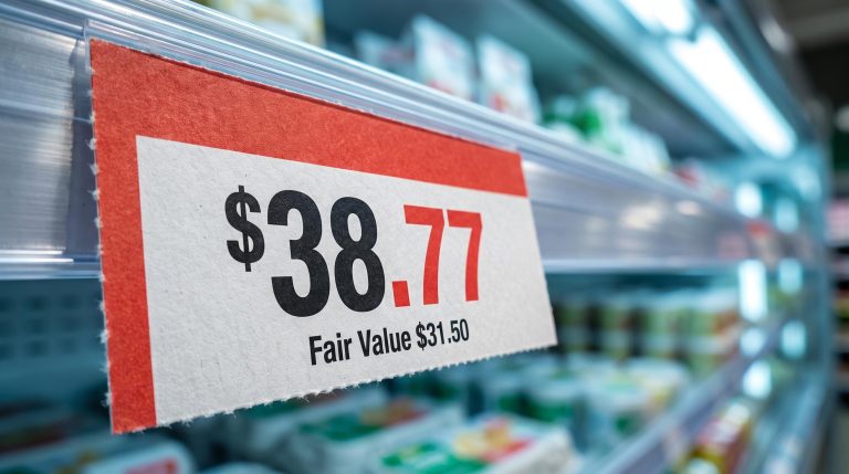 Woolworths shelf price tag showing $38.77 vs Morningstar fair value $31.50, illustrating the share price premium debate