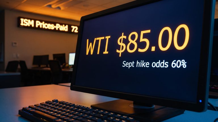 WTI crude at $85 on a trading terminal with Fed rate hike odds rising — oil prices and Fed rate decisions chain