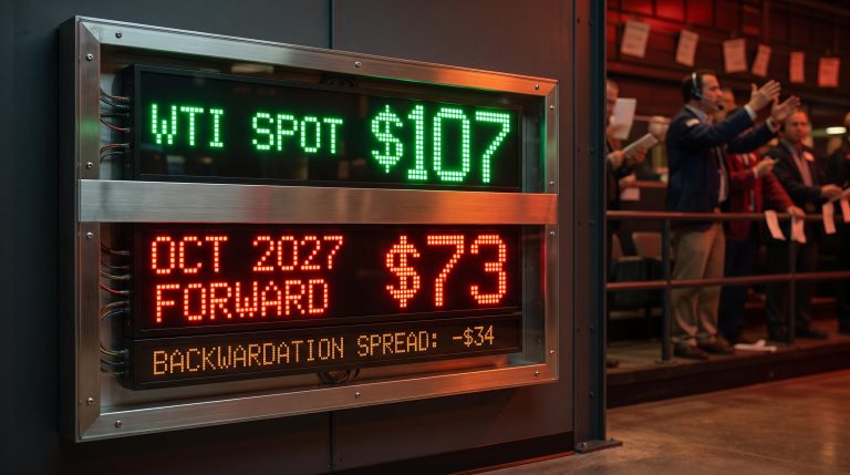 WTI crude oil spot price at $107 versus $73 one-year forward on exchange board, crude oil crash analysis