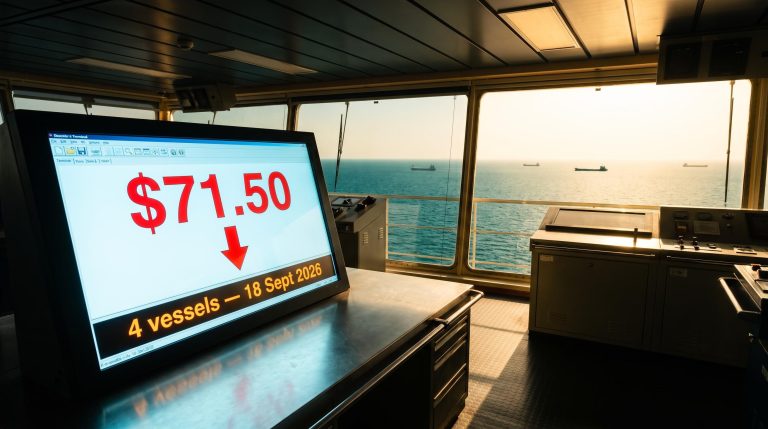 WTI crude price screen showing $71.50 as nearly empty Strait of Hormuz stretches behind — oil market analysis