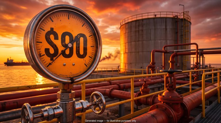 WTI crude oil price gauge holding at $90 in front of an oil terminal and tanker under a tense amber sunset