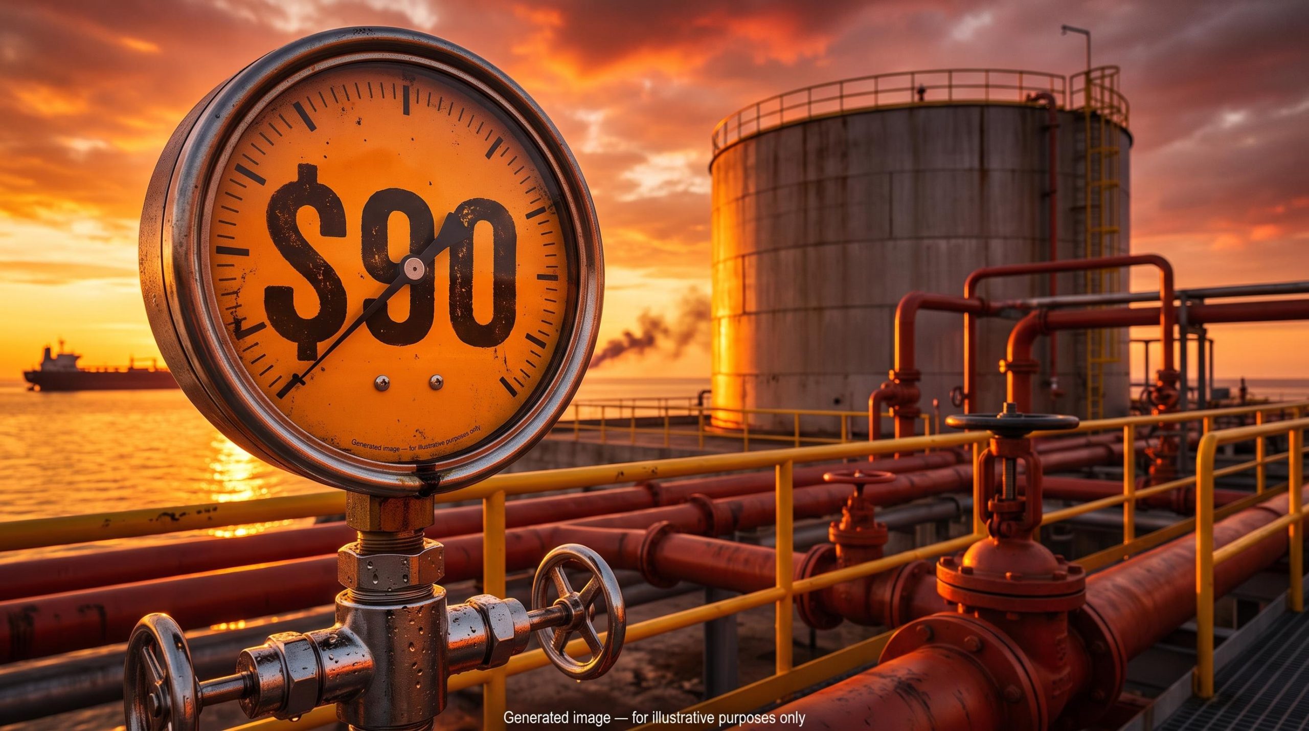 WTI crude oil price gauge holding at $90 in front of an oil terminal and tanker under a tense amber sunset