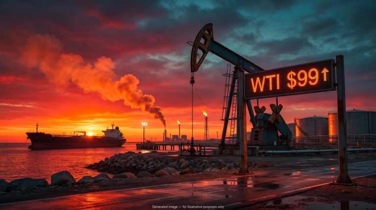WTI crude oil price board showing $99 before a fiery Red Sea oil terminal and tanker at sunset amid Gulf supply fears
