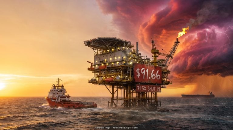 Gulf of Mexico oil platform under hurricane sky with WTI crude oil price of $91.66 and 71.5% shut in on signage