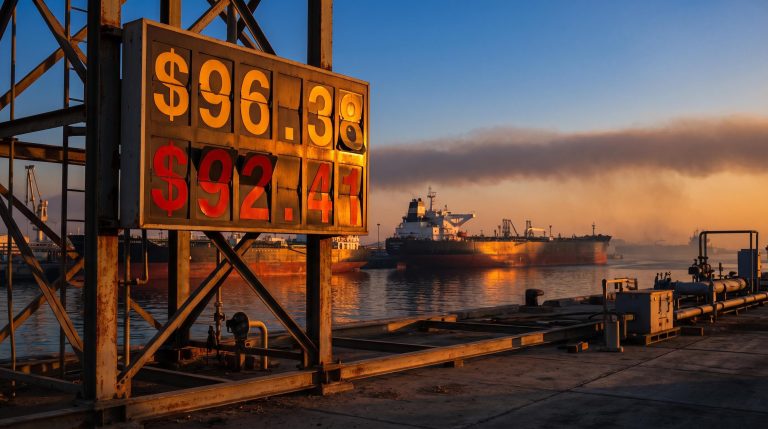 WTI crude oil price board showing $96.38 and $92.41 at a Gulf tanker terminal amid US-Iran conflict
