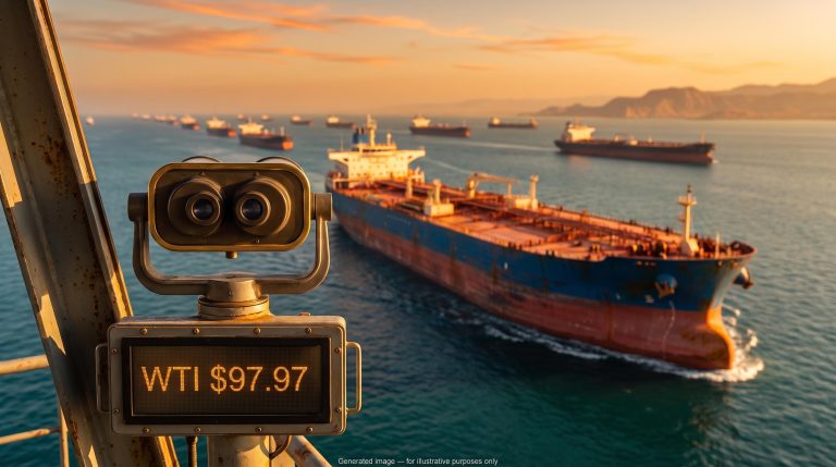 Oil tanker transits the Strait of Hormuz at sunset beside a screen showing WTI $97.97, illustrating the WTI crude oil price premium