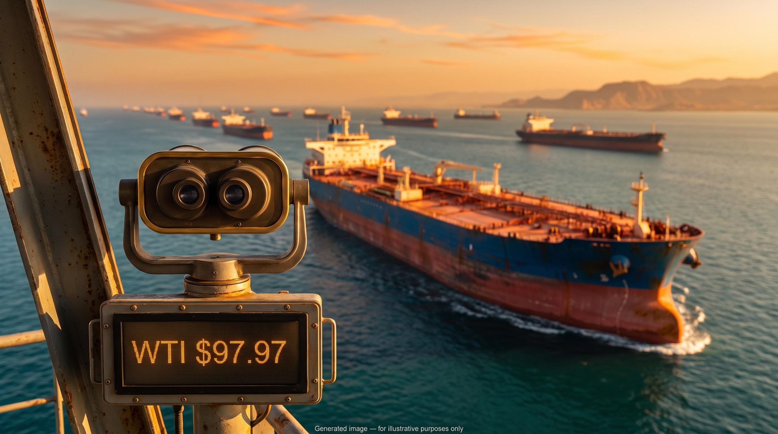 Oil tanker transits the Strait of Hormuz at sunset beside a screen showing WTI $97.97, illustrating the WTI crude oil price premium
