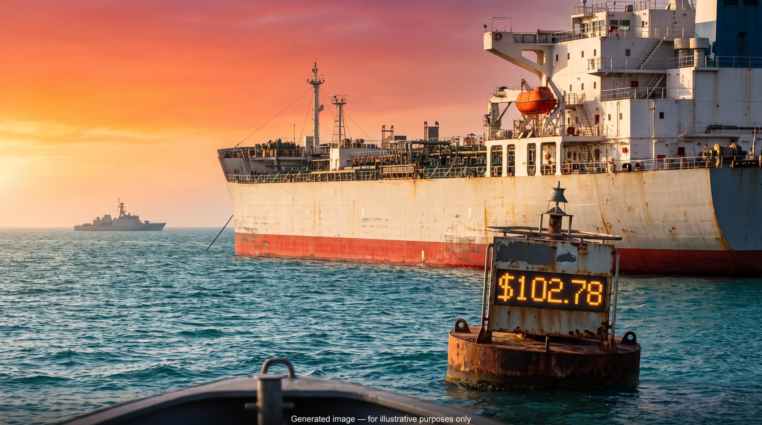 Oil tanker in the Strait of Hormuz at dawn beside an LED display showing $102.78 as WTI crude oil prices react to Iran talks