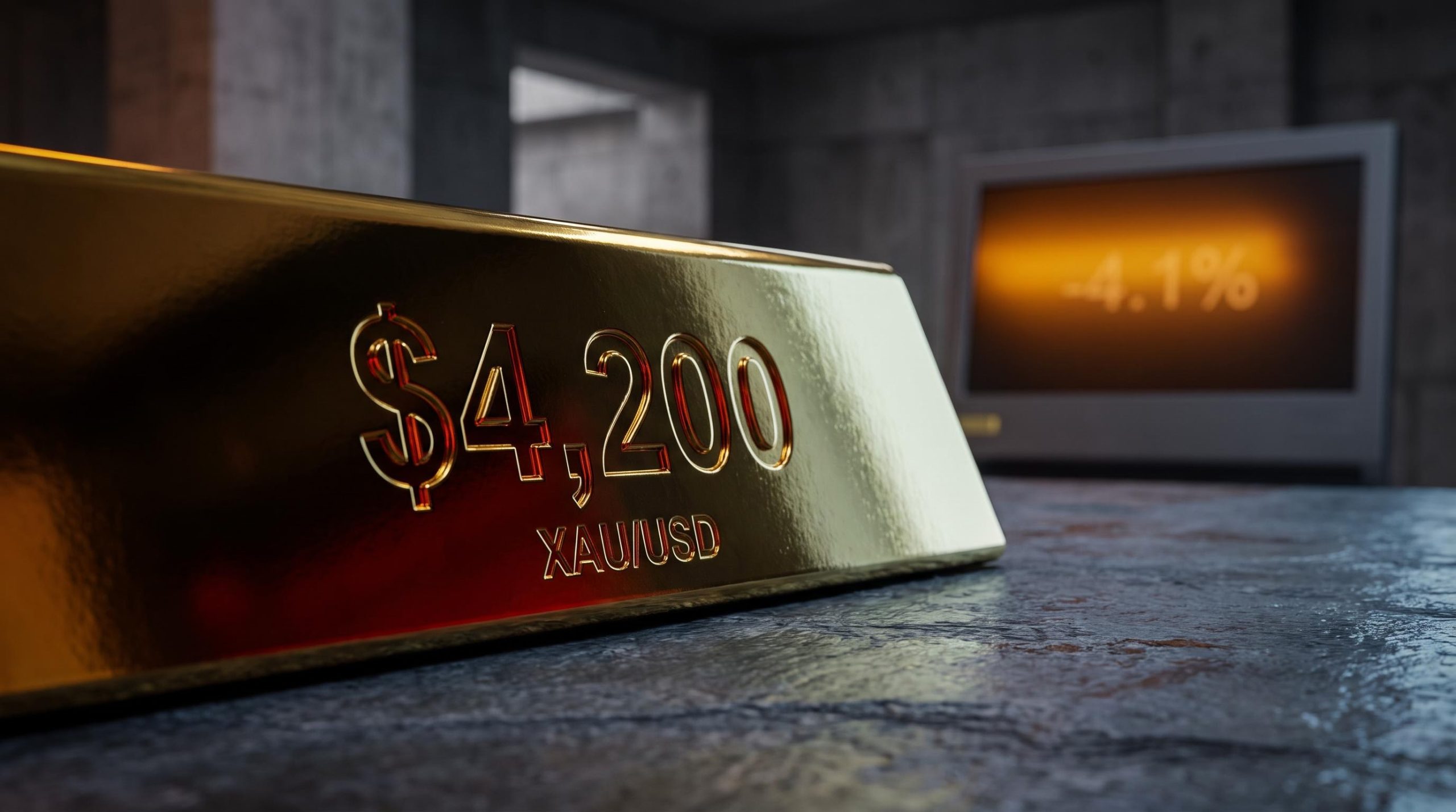 Gold bullion bar stamped with $4,200 support level as XAU/USD faces Fed rate pressure and 17-year yield highs
