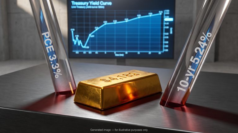 Gold bar stamped $4,182 pinned by PCE and 5.24% yield columns — XAU/USD outlook under macro pressure