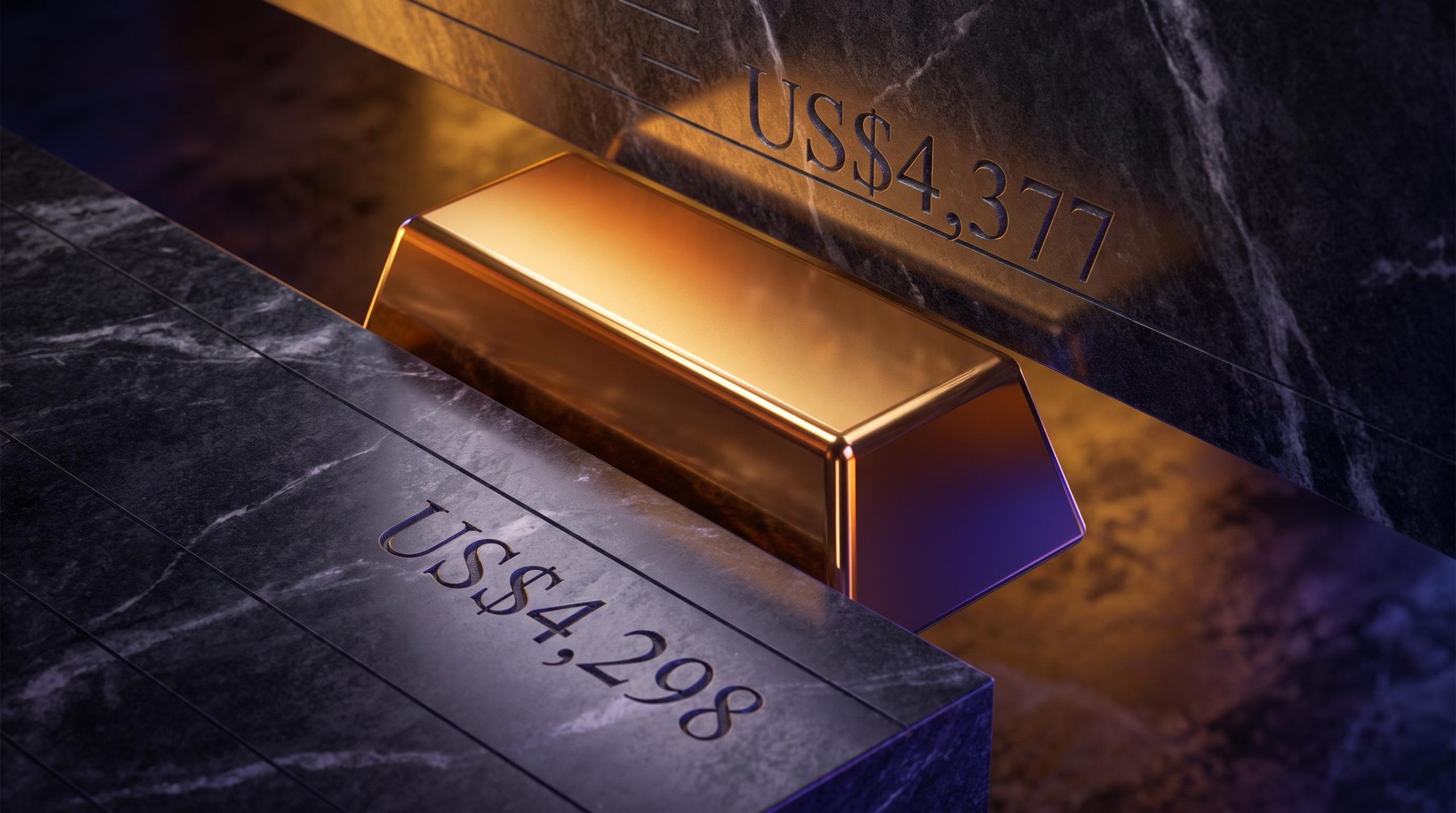 Gold bar compressed between two price-etched marble slabs showing XAU/USD key technical levels US$4,298 and US$4,377