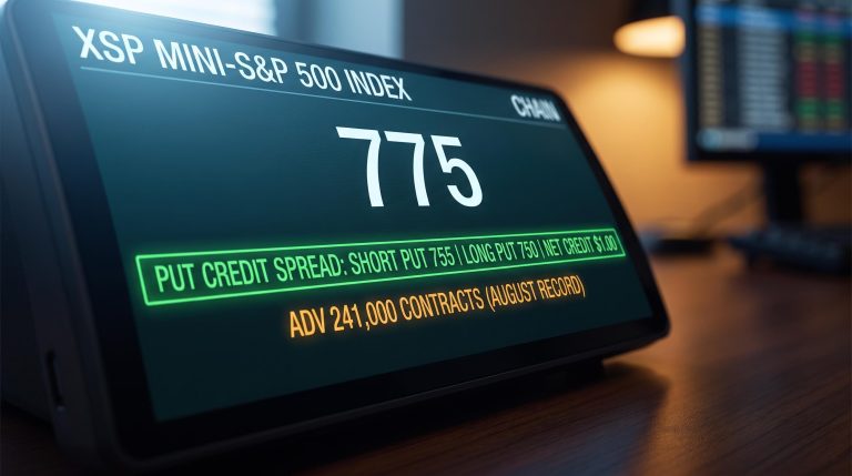 XSP options chain screen showing 775 index level and put credit spread with $1.00 net credit highlighted