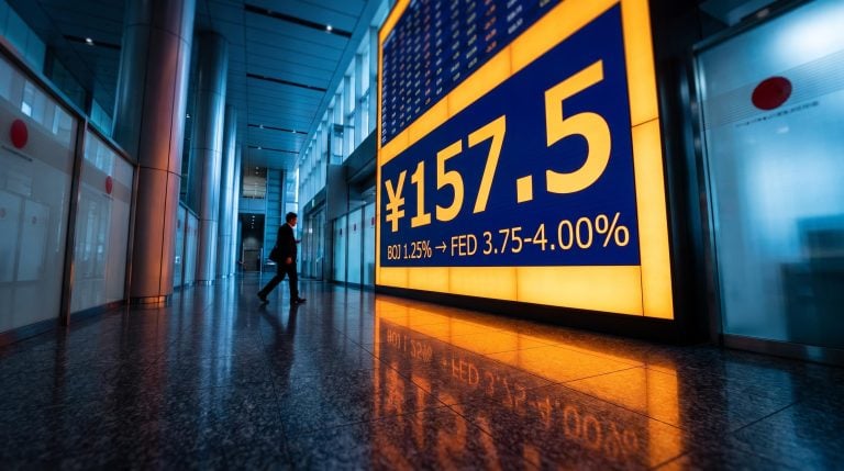 Tokyo trading board showing ¥157.5 and the BOJ–Fed rate gap driving the yen carry trade in late 2026