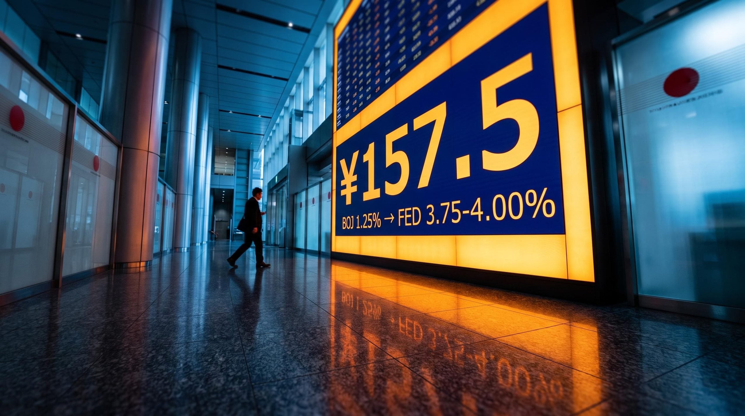 Tokyo trading board showing ¥157.5 and the BOJ–Fed rate gap driving the yen carry trade in late 2026