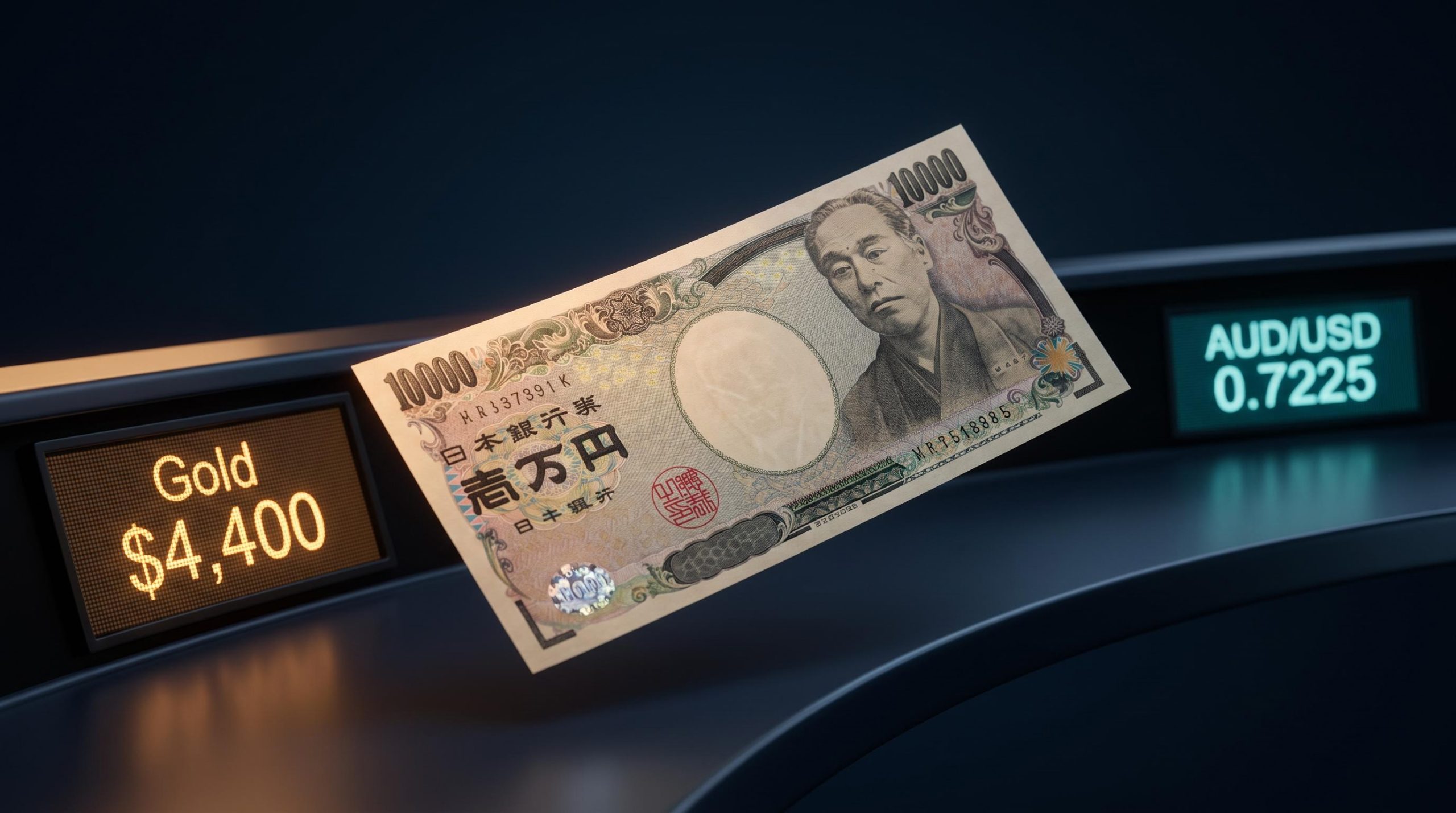 Japanese ¥10,000 note under editorial macro light with gold and AUD/USD signals — yen carry trade repricing explained