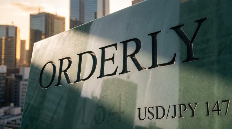 "ORDERLY" embossed in jade stone with USD/JPY 147 etched below, Tokyo skyline bokeh — yen depreciation signal