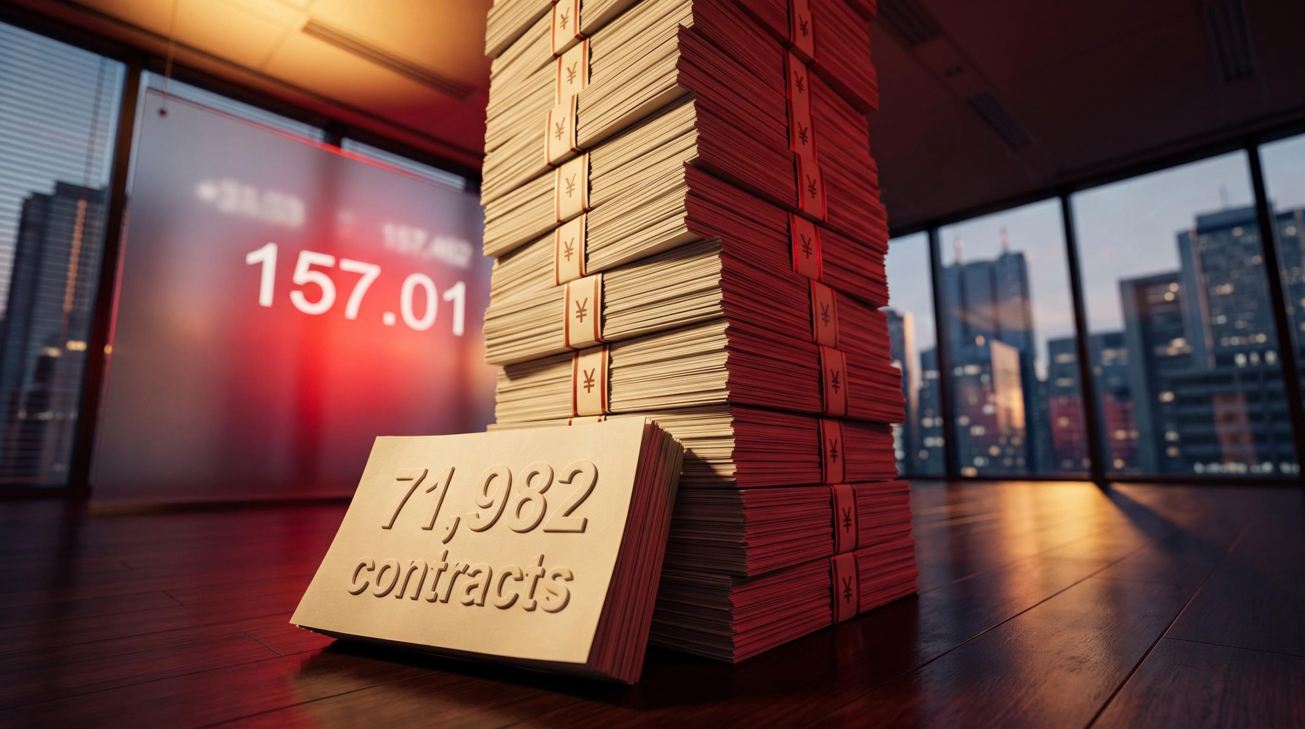 Towering yen futures contract stack on Tokyo trading floor with 157.01 USD/JPY and 71,982 net long positioning data