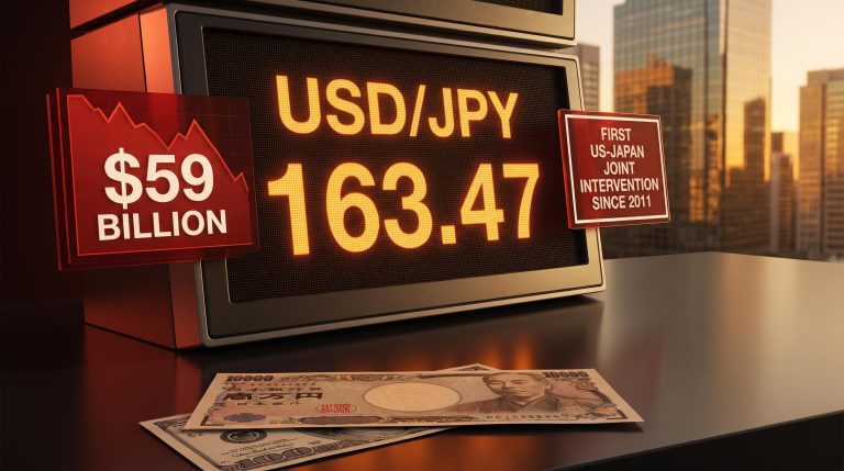 USD/JPY rate at 163.47 on trading screen with $59 billion yen intervention data panels and Tokyo skyline