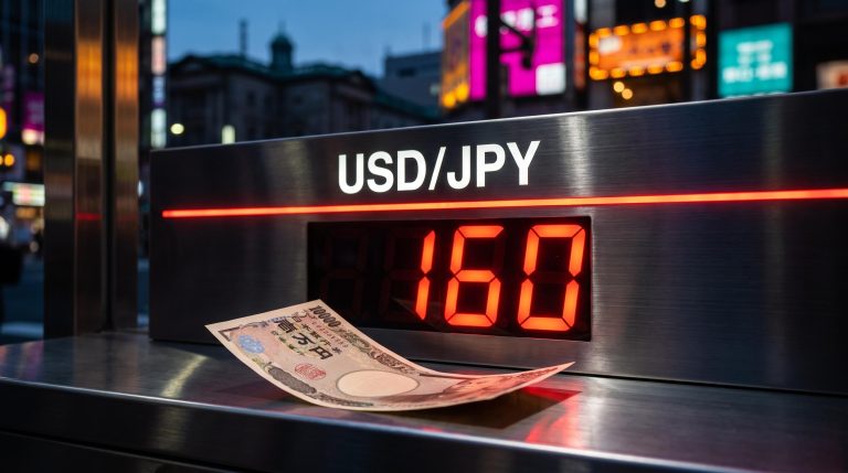 Tokyo exchange board showing USD/JPY at 160 beside a yen banknote, capturing the yen outlook and intervention ceiling