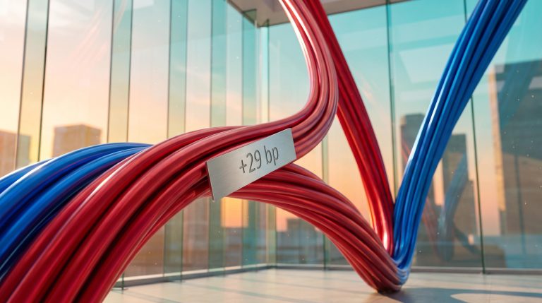 Red and blue cables fanning apart with a "+29 bp" plaque, illustrating yield curve steepening in the 2s10s Treasury spread