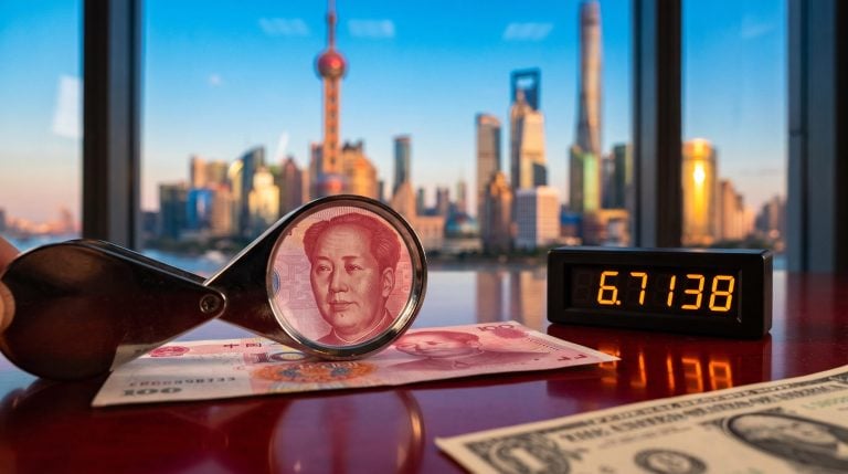 Magnifying lens over a yuan banknote beside a 6.7138 fixing display as the yuan hits a four-year high against the dollar
