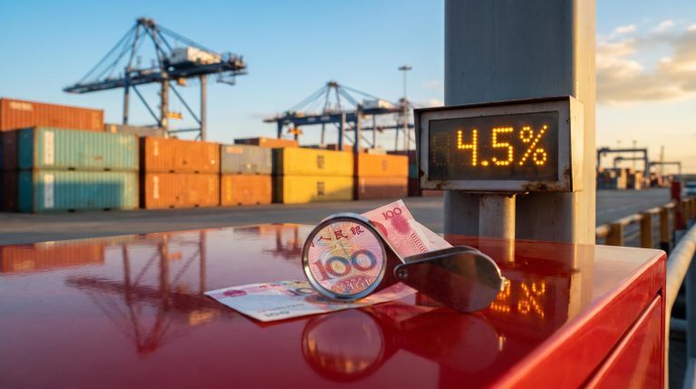 Magnifying glass over a yuan banknote at a container port with 4.5% display, illustrating the yuan outlook after GDP data