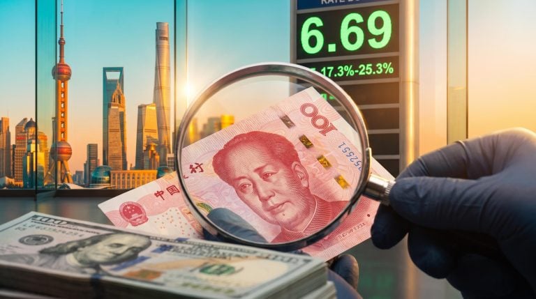 Magnifying loupe over a yuan banknote before a Shanghai skyline and 6.69 rate board, illustrating yuan strength IMF undervaluation
