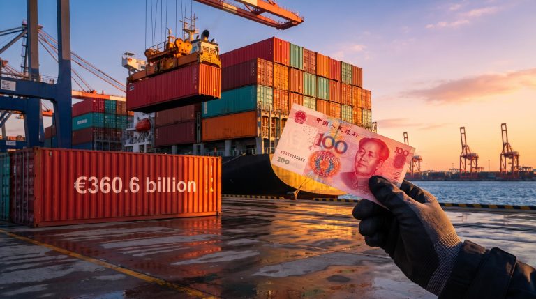 Yuan banknote held before a busy Chinese container port, illustrating the yuan trade surplus debate with the EU