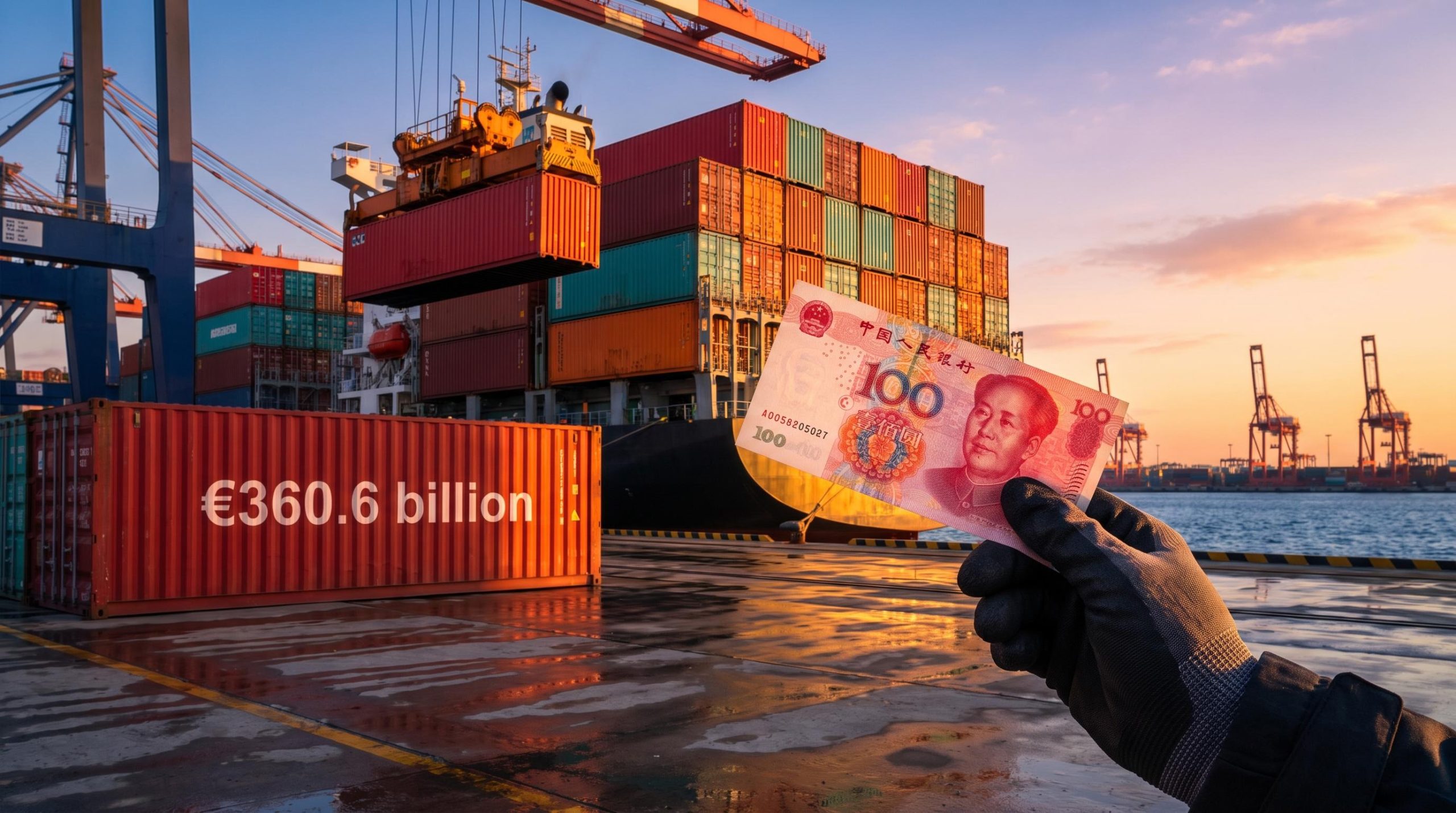 Yuan banknote held before a busy Chinese container port, illustrating the yuan trade surplus debate with the EU