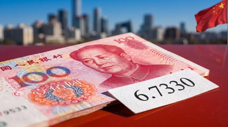 Chinese 100-yuan note with PBoC fixing slip "6.7330" as Beijing rejects yuan undervaluation claims