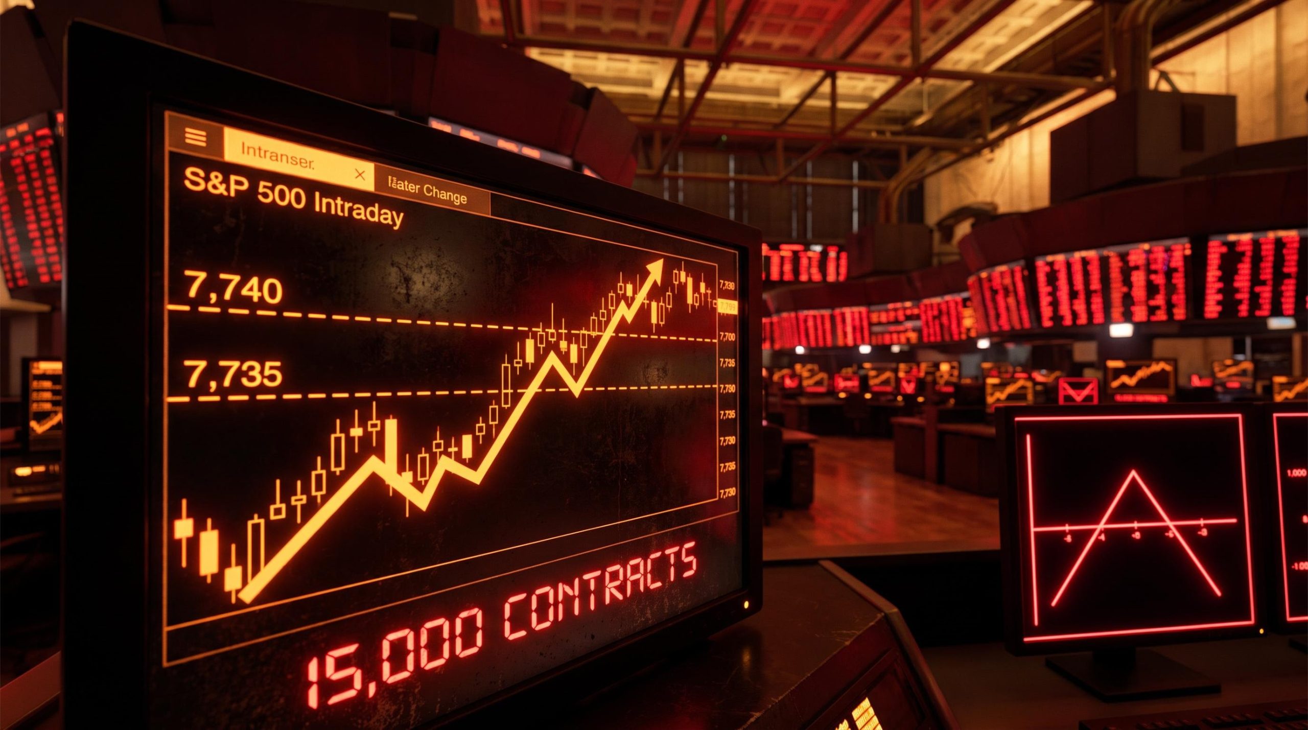 Zero DTE options blowup: S&P 500 chart piercing 7,735 strike level as 15,000-contract condor position collapses