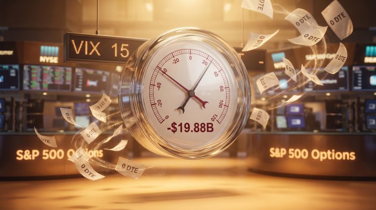 Glass barometer showing -$19.88B HIRO reading with dissolving zero DTE contracts as S&P 500 barely moves