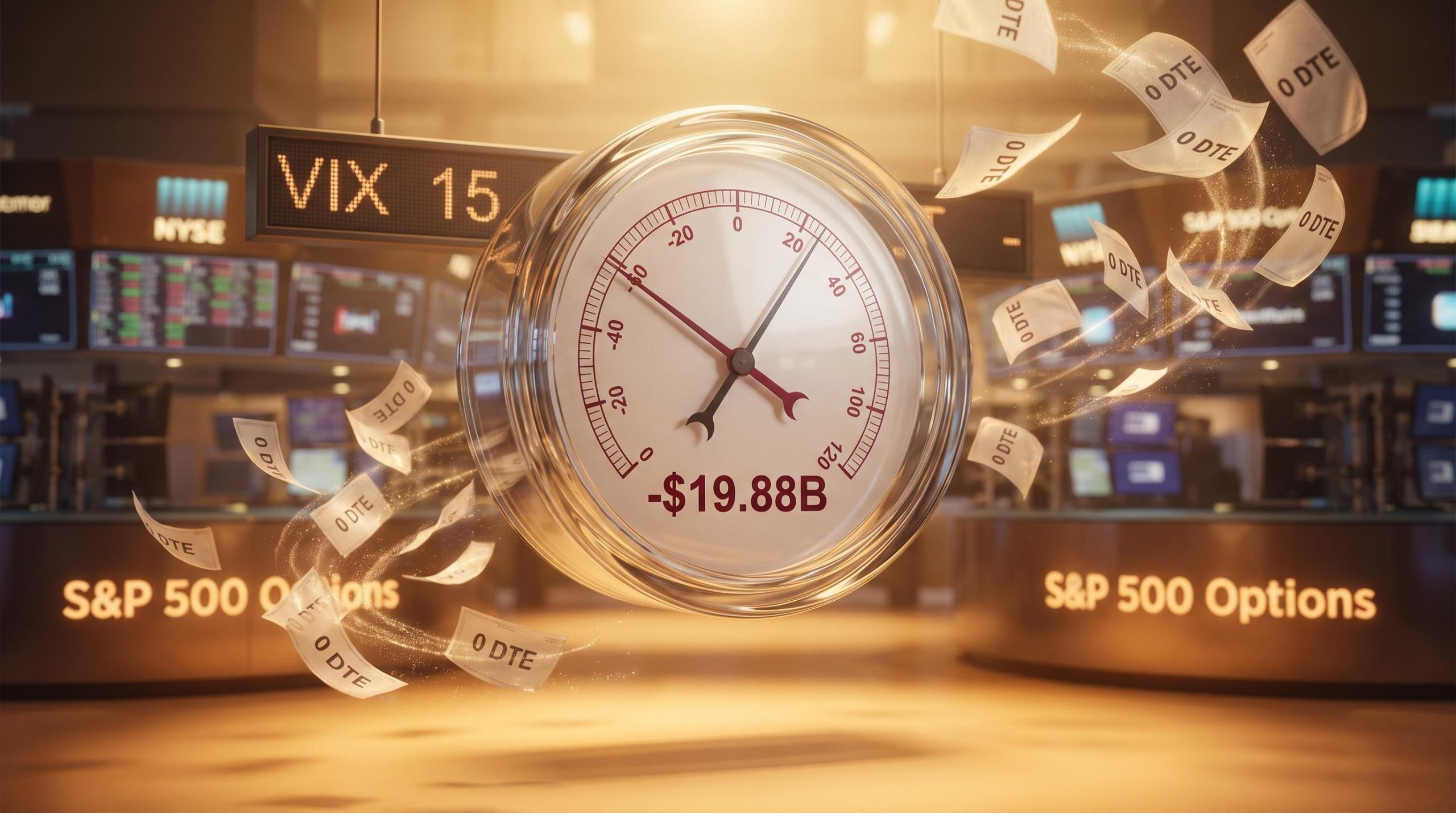 Glass barometer showing -$19.88B HIRO reading with dissolving zero DTE contracts as S&P 500 barely moves